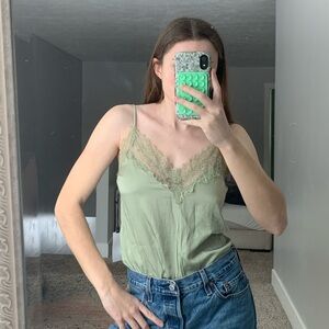 NWT ASTR Green Lace Camisole Bodysuit w/ Satin Finish and Lace Trim